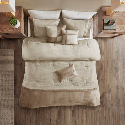 7 Piece Faux Suede Comforter Set Tan King with beige accent pillows on Tampa Home & Garden Store