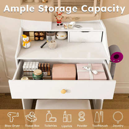Vanity set with 3-color LED mirror and stool, white dressing table, 2 drawers, 5 cabinets on Tampa Home & Garden Store