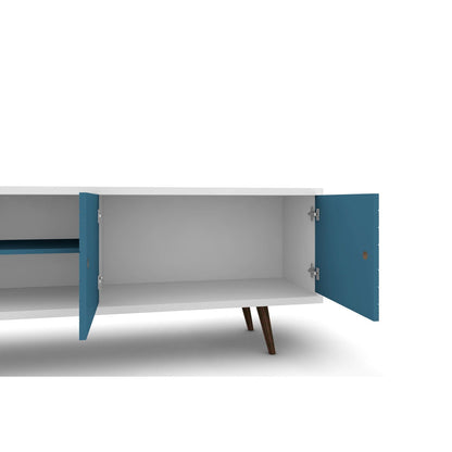Liberty TV stand with blue doors, white interior, hidden storage and solid wood splayed legs on Tampa Home & Garden Store