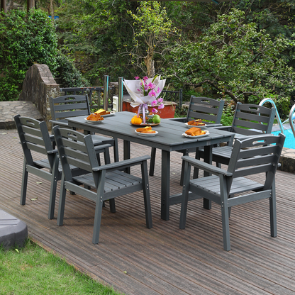 HDPE outdoor patio dining set with table and six dark gray chairs by HouseOfZazla on Tampa Home & Garden Store