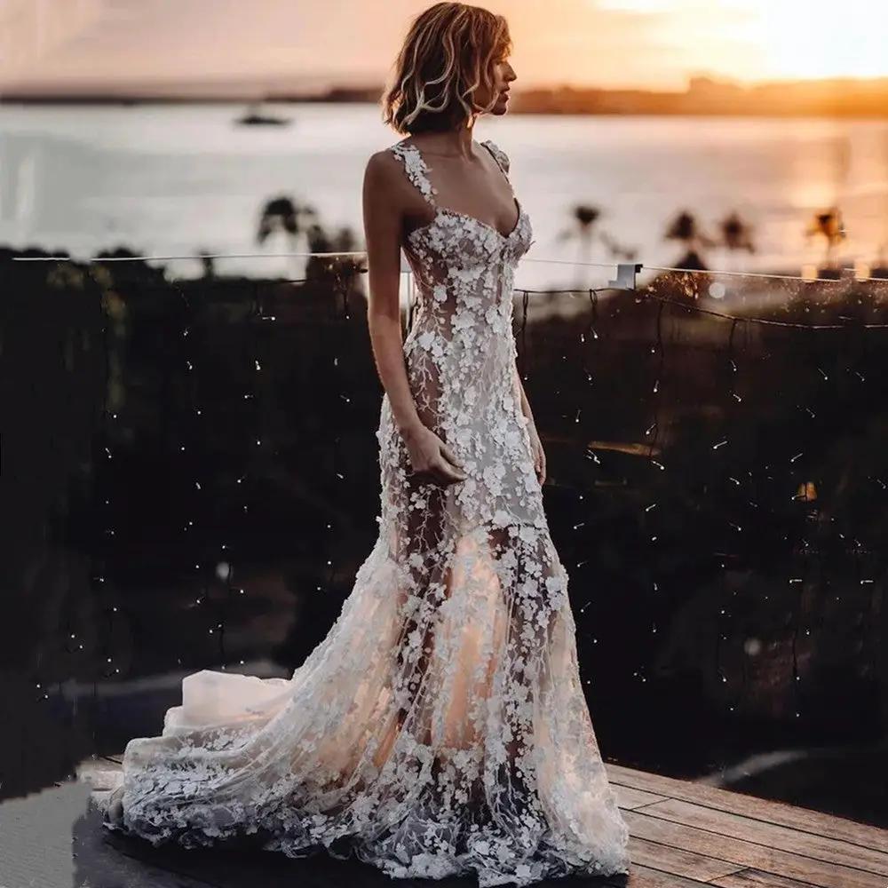 Mermaid wedding dress with 3D lace appliques, sheer floral overlay, dramatic train on Tampa Home & Garden Store