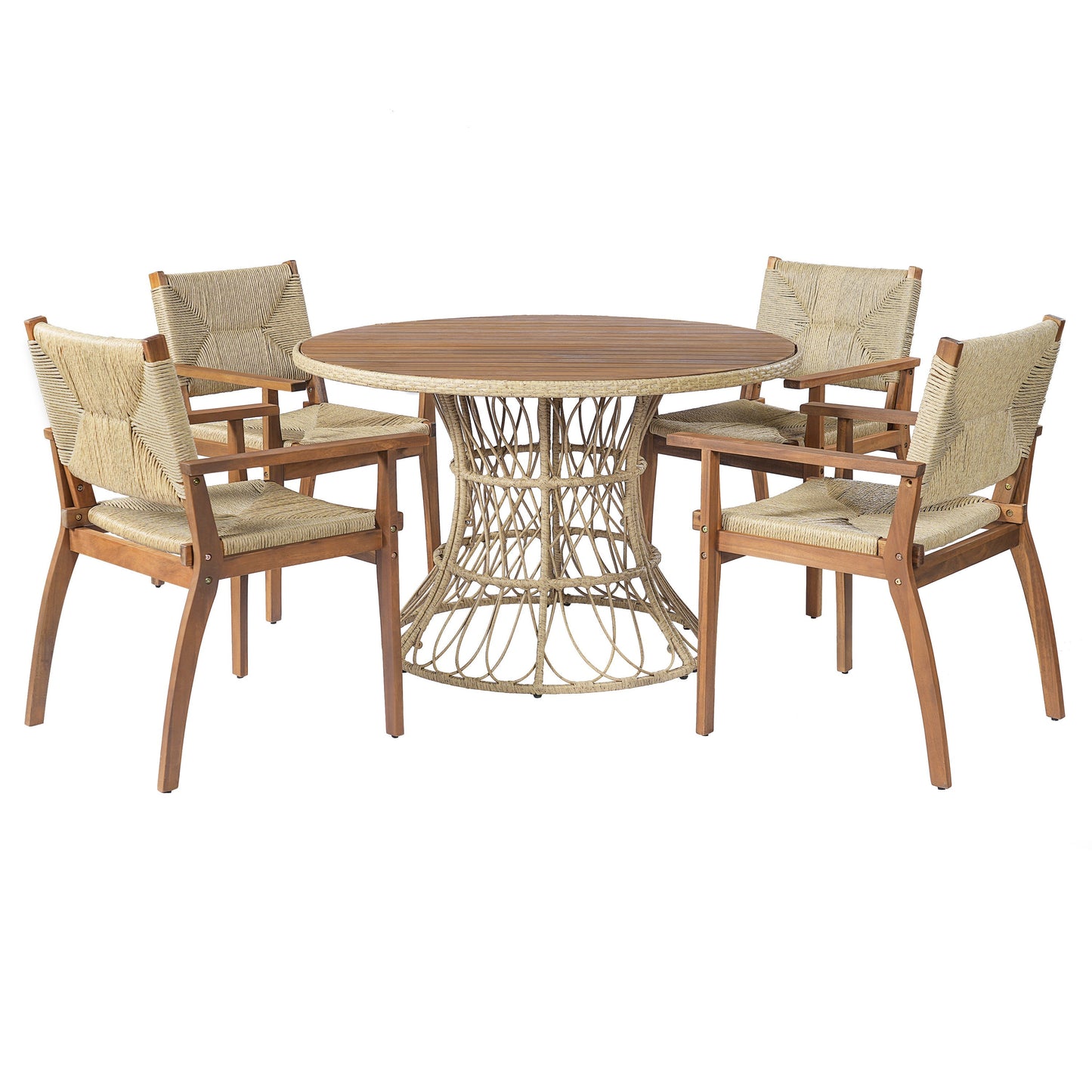 Durable outdoor dining chairs with acacia wood frames and woven wicker seats, round-table set on Tampa Home & Garden Store