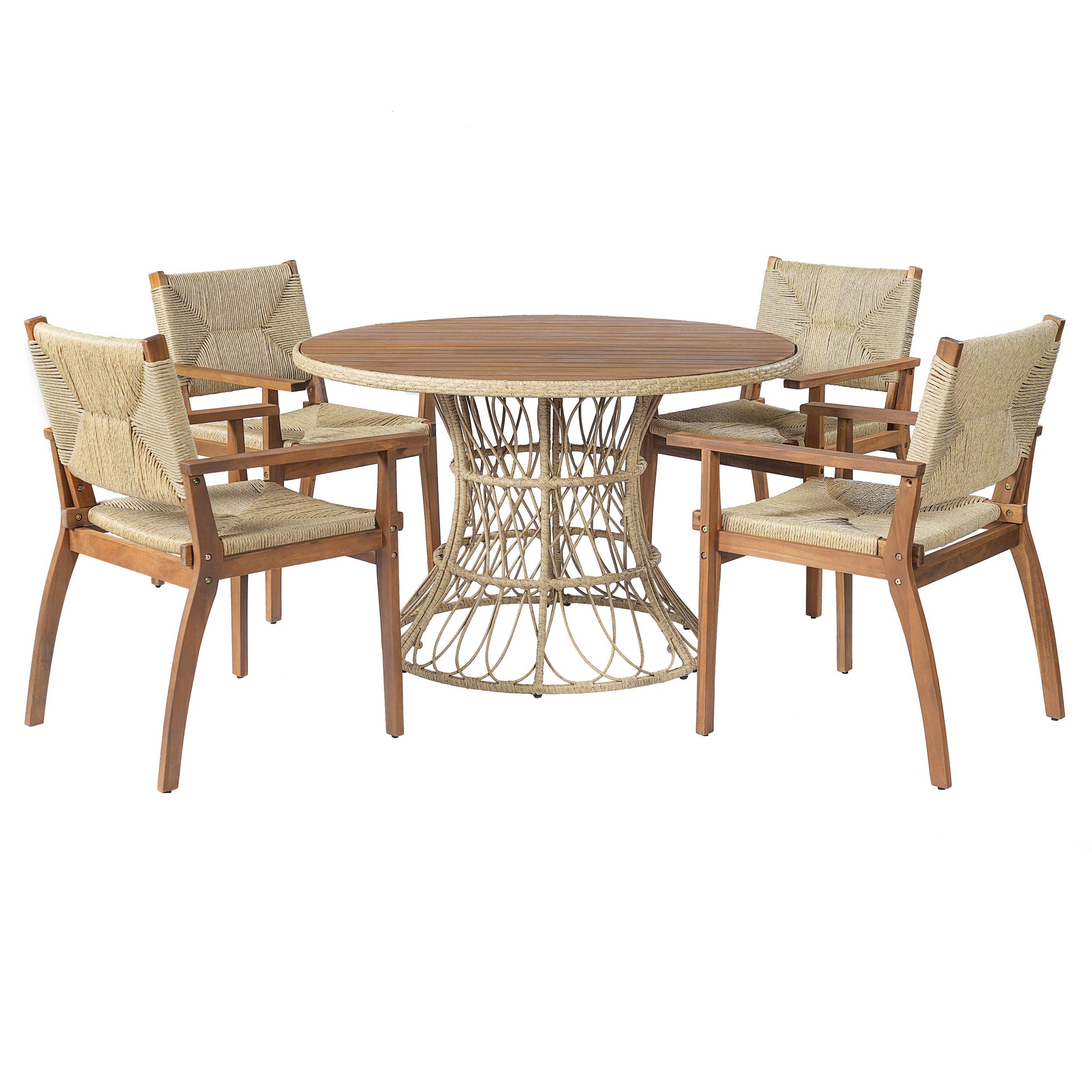 Durable outdoor dining chairs with acacia wood frames and woven wicker seats, round-table set on Tampa Home & Garden Store