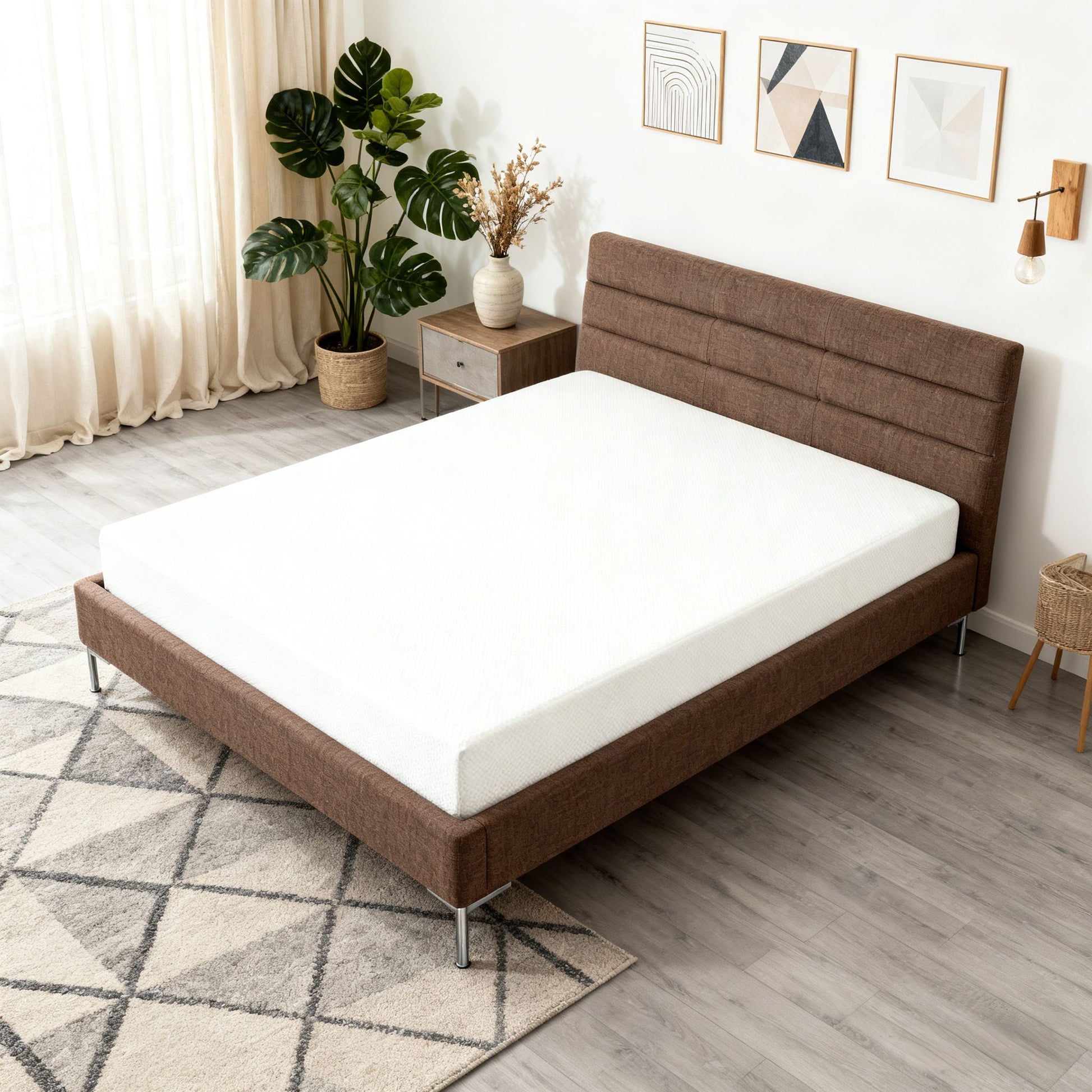8-inch Twin Green Tea Memory Foam Mattress in Box with white cover on brown bed on Tampa Home & Garden Store
