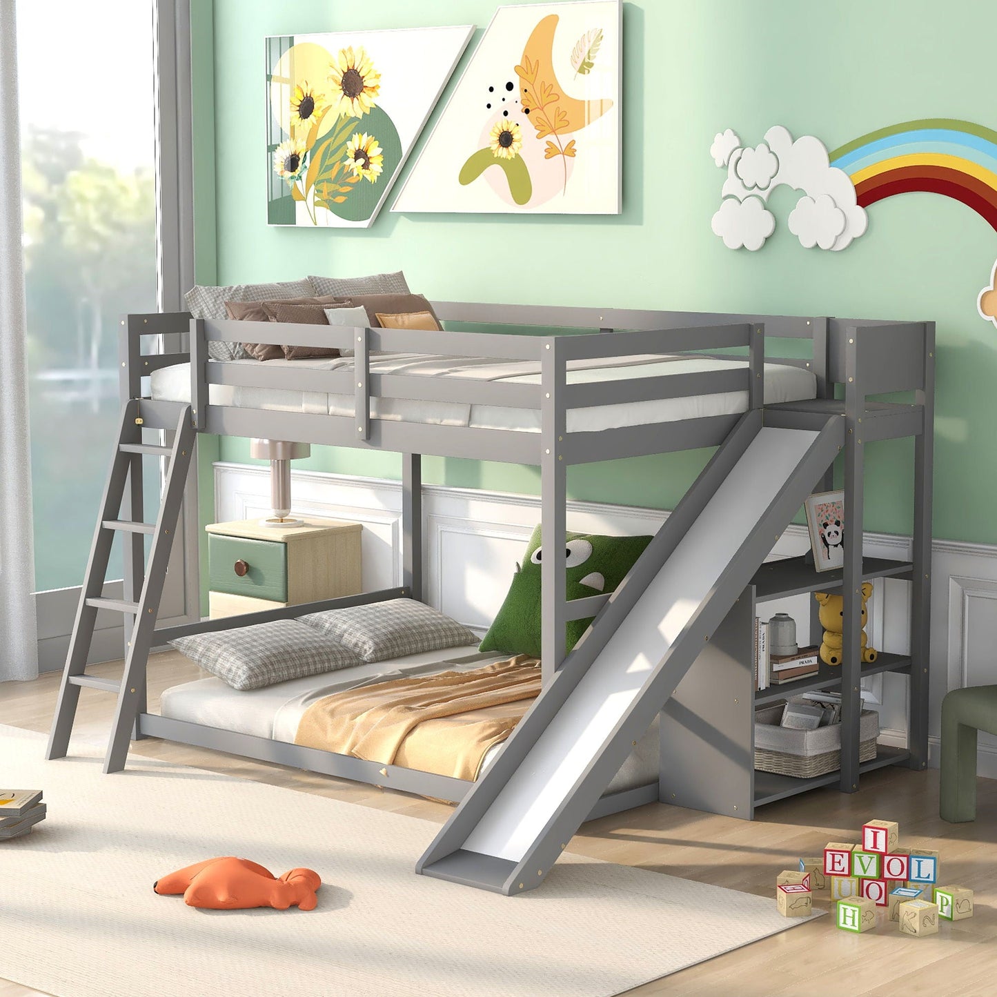 Bunk Bed With Ladder, Slide, And Shelves Pine Wood by HouseOfZazla, gray finish on Tampa Home & Garden Store