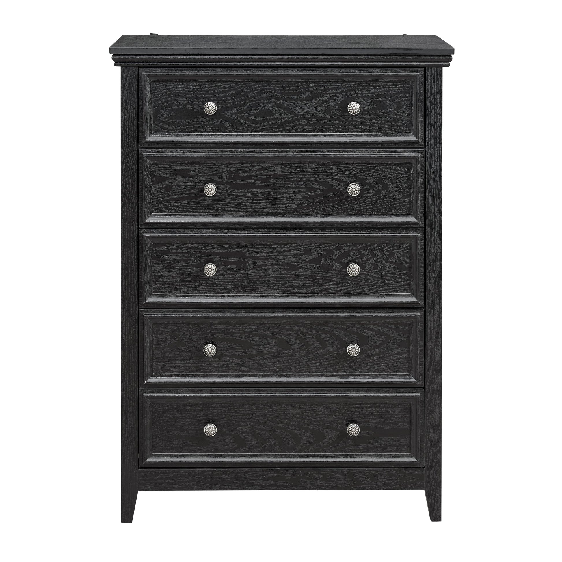 Modern black 5-drawer dresser with silver knobs by HouseOfZazla for living room storage on Tampa Home & Garden Store