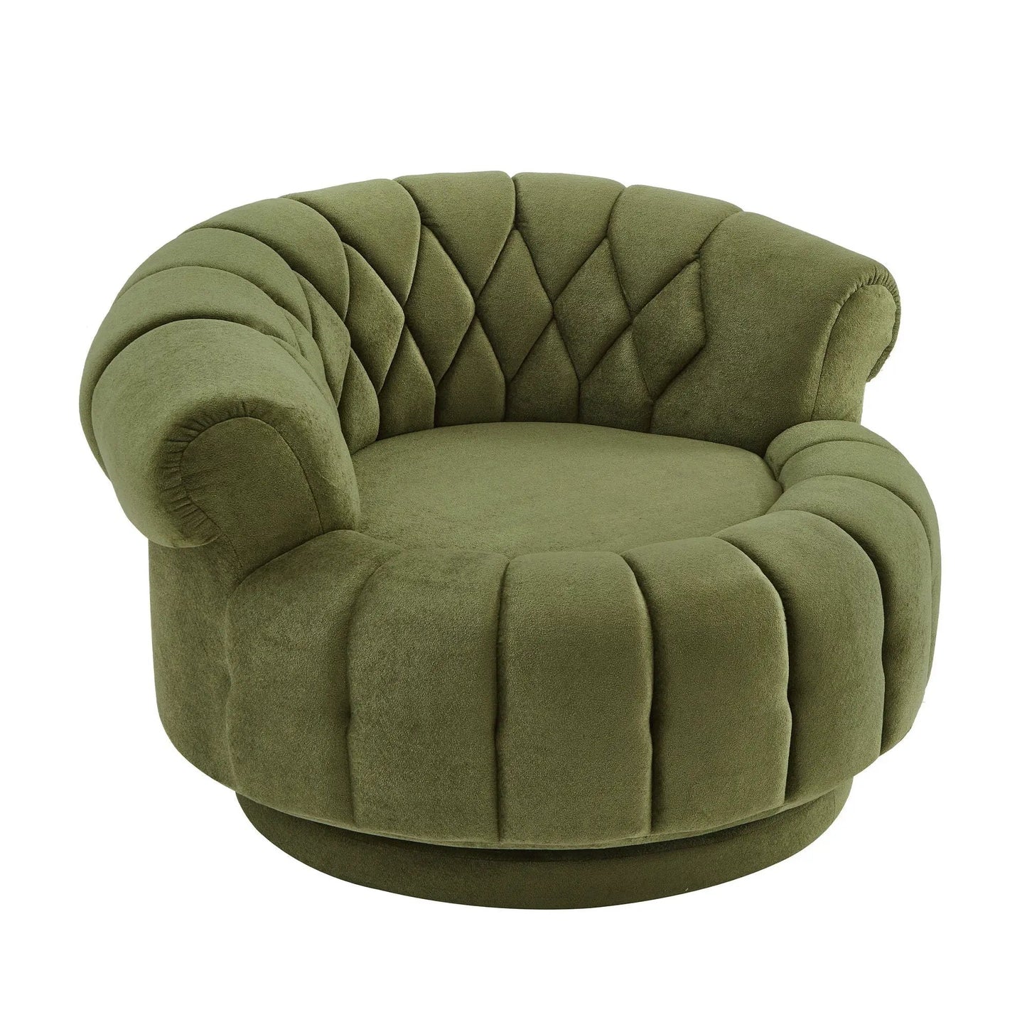 Round swivel accent chair with olive-green tufted upholstery and rolled arms on Tampa Home & Garden Store