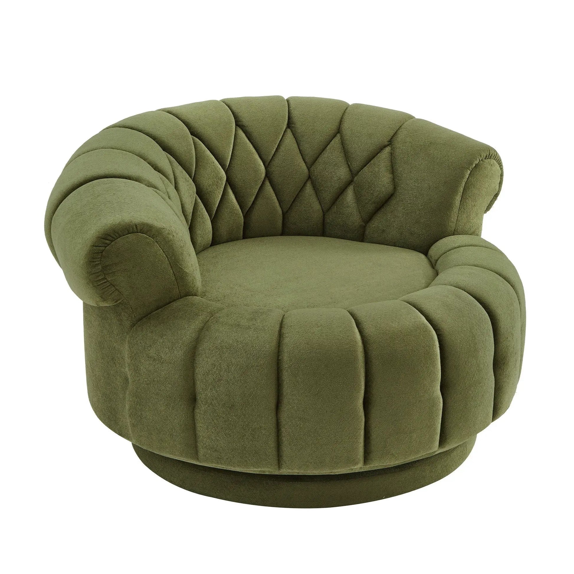 Round swivel accent chair with olive-green tufted upholstery and rolled arms on Tampa Home & Garden Store