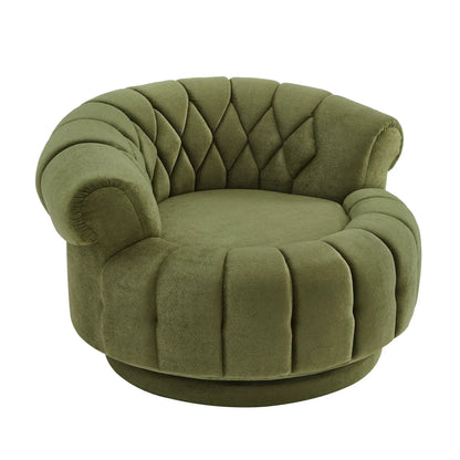 Round swivel accent chair with olive-green tufted upholstery and rolled arms on Tampa Home & Garden Store