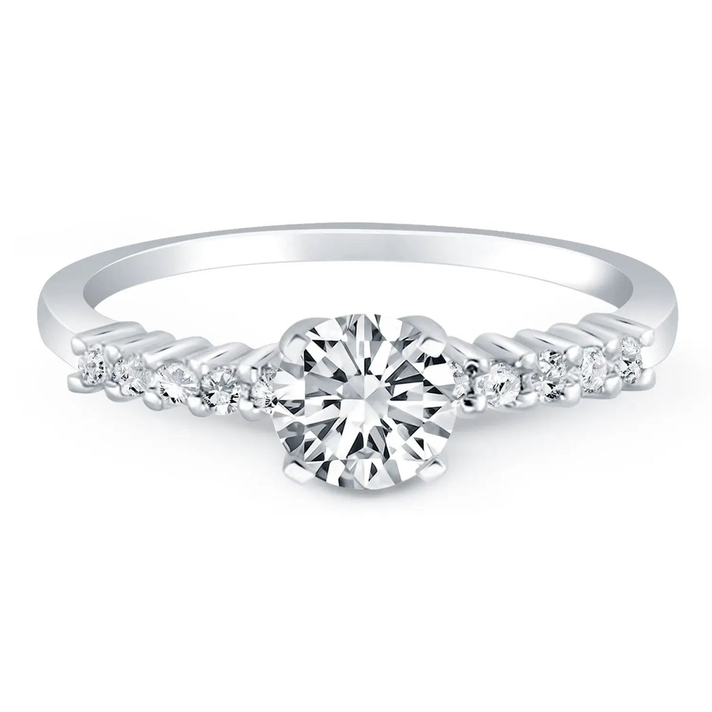 14k white gold engagement ring with a center diamond and shared-prong diamonds along the band on Tampa Home & Garden Store