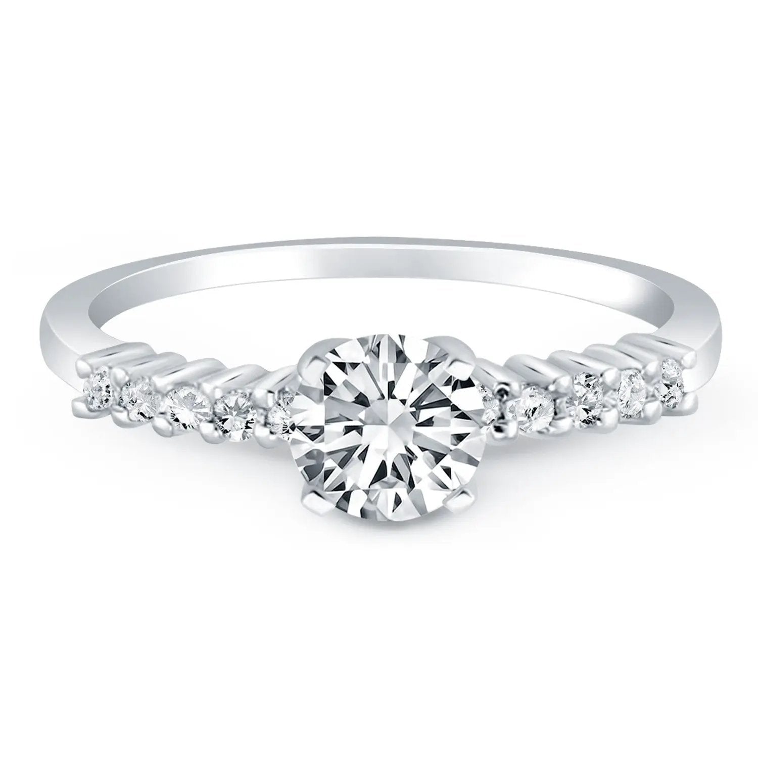 14k white gold engagement ring with a center diamond and shared-prong diamonds along the band on Tampa Home & Garden Store