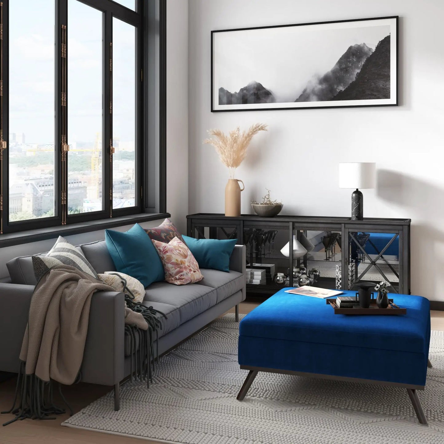Owen multifunctional square coffee table storage ottoman, blue upholstered with metal legs in a modern living room on Tampa Home & Garden Store