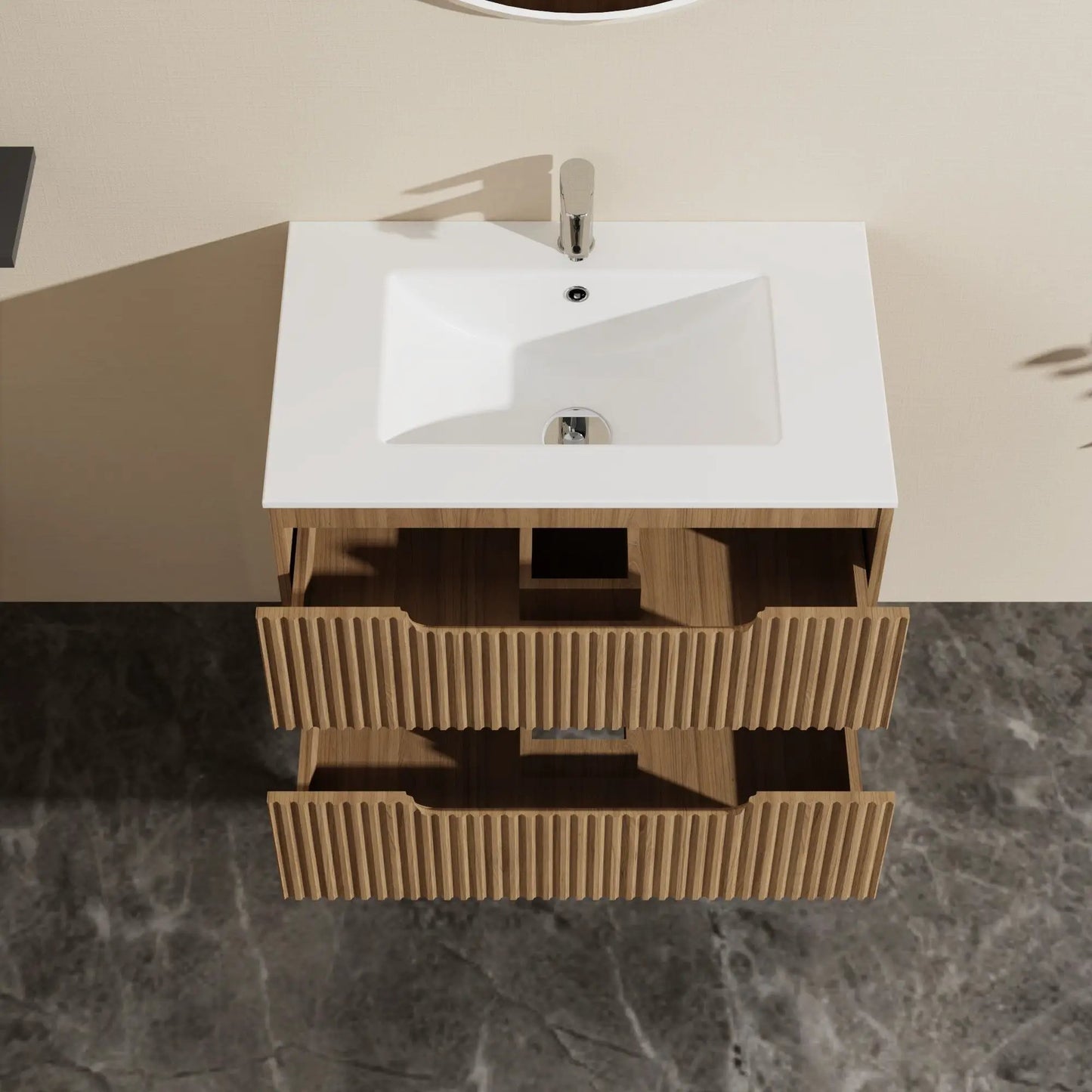 30in wall-mounted walnut vanity with sink, chrome faucet, soft-close drawers on Tampa Home & Garden Store