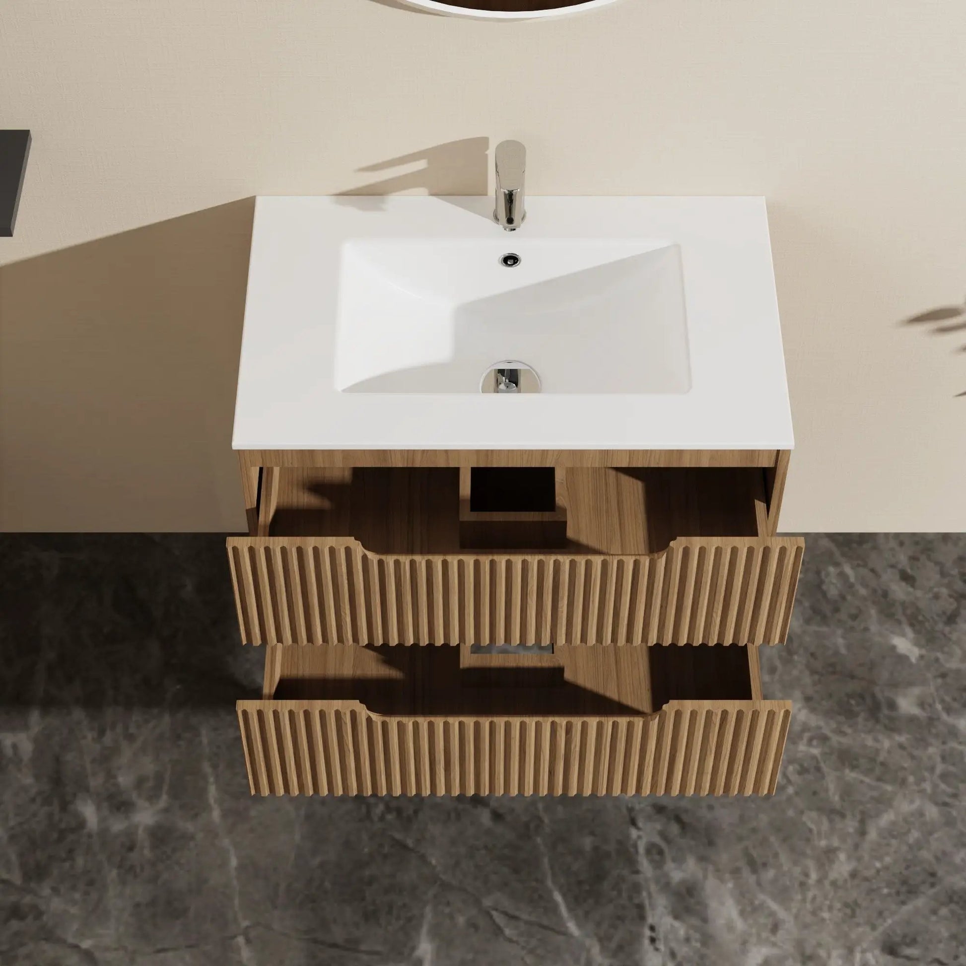 30in wall-mounted walnut vanity with sink, chrome faucet, soft-close drawers on Tampa Home & Garden Store