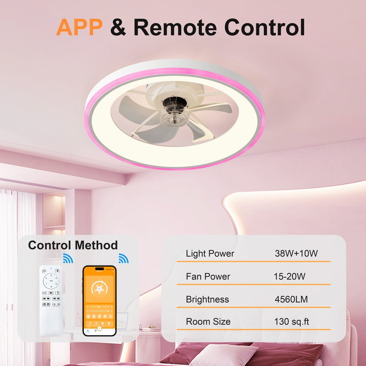 23.6in Modern RGB Ceiling Fan with Lights by HouseOfZazla, pink LED ring, remote & app control on Tampa Home & Garden Store