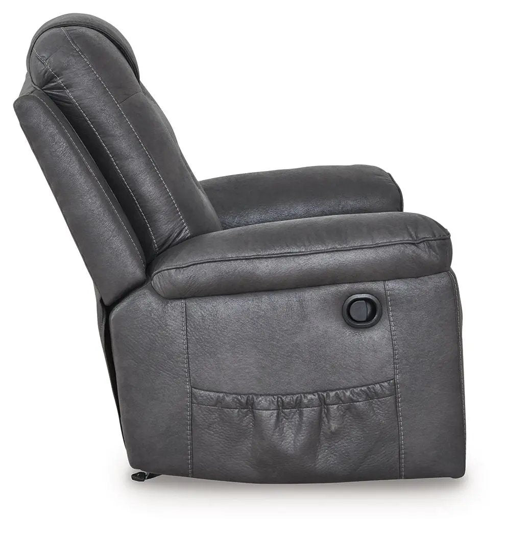 Stockworth Rocker Recliner gray leather-look upholstery with side pocket on Tampa Home & Garden Store