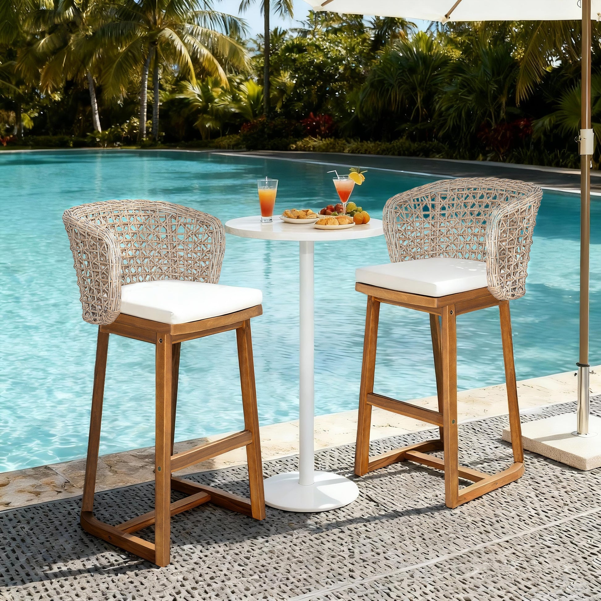 Outdoor Acacia Wood Bar Stools set of 2 with woven backrests and white cushions by HouseOfZazla on Tampa Home & Garden Store
