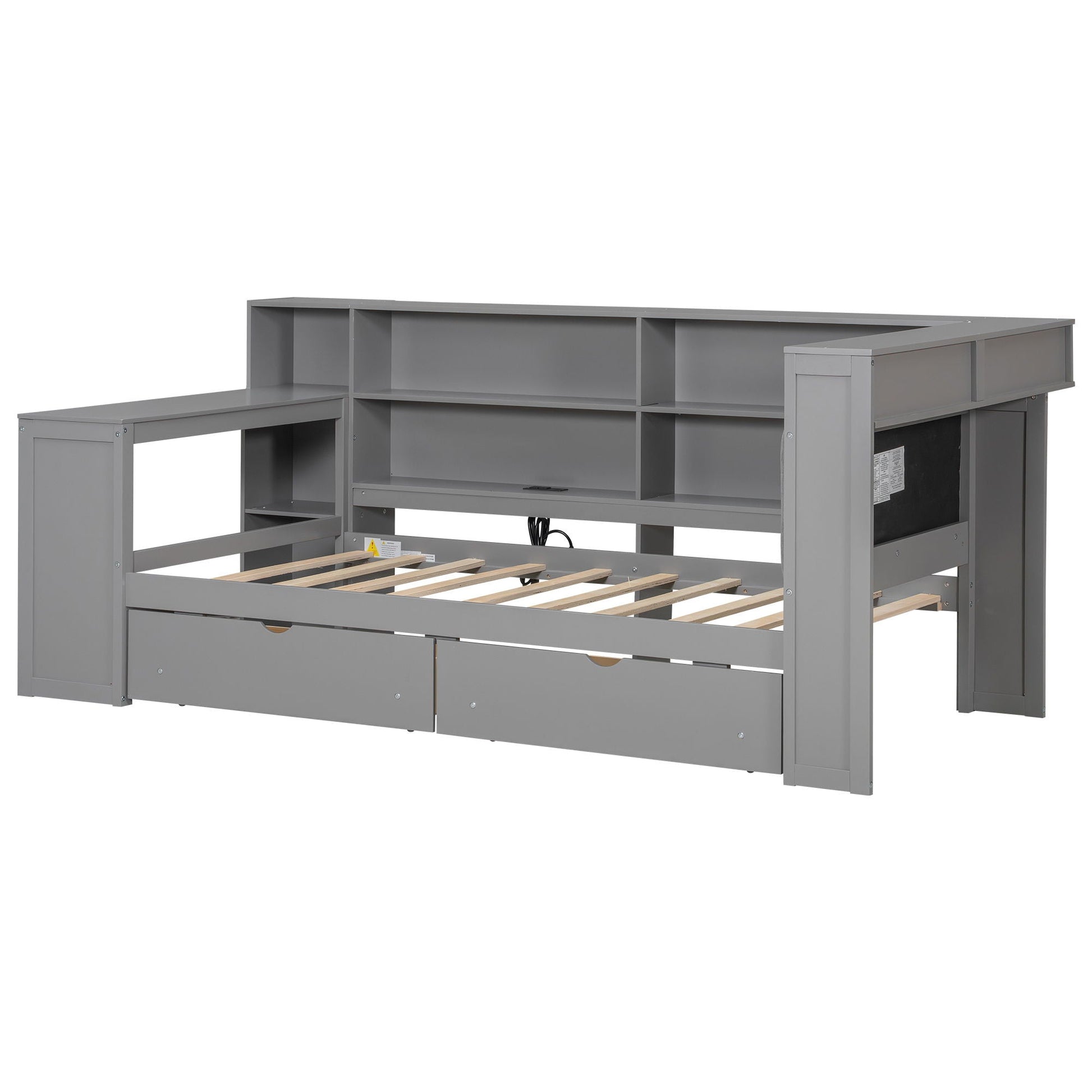 Platform bed with gray upholstered headboard, built-in desk and storage drawers HouseOfZazla on Tampa Home & Garden Store