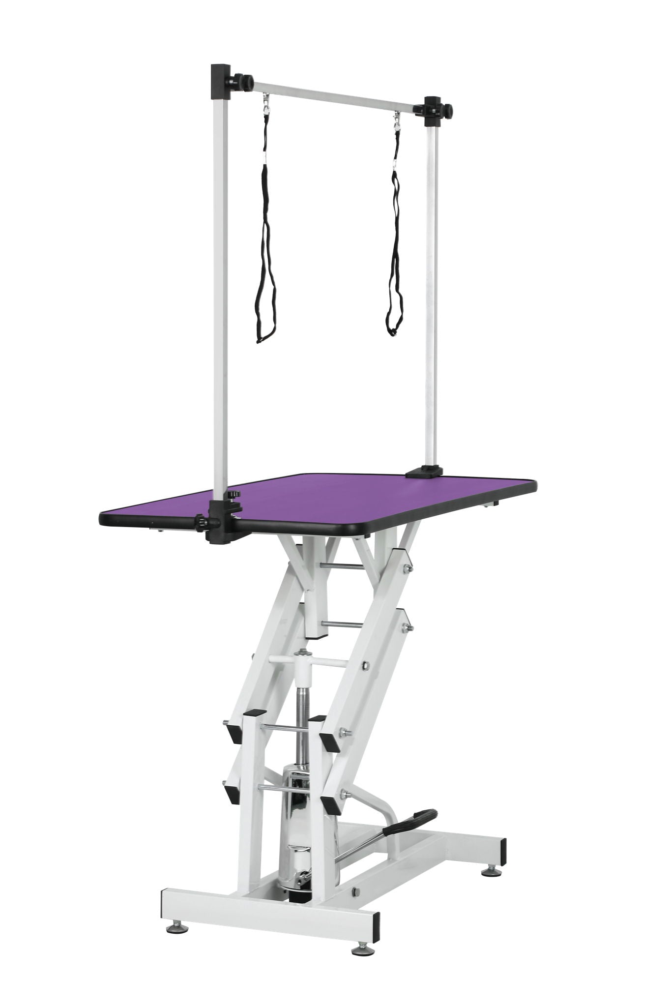 Hydraulic pet grooming table with H arm, purple tabletop, aluminum frame, HouseOfZazla on Tampa Home & Garden Store