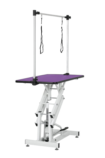 Hydraulic pet grooming table with H arm, purple tabletop, aluminum frame, HouseOfZazla on Tampa Home & Garden Store