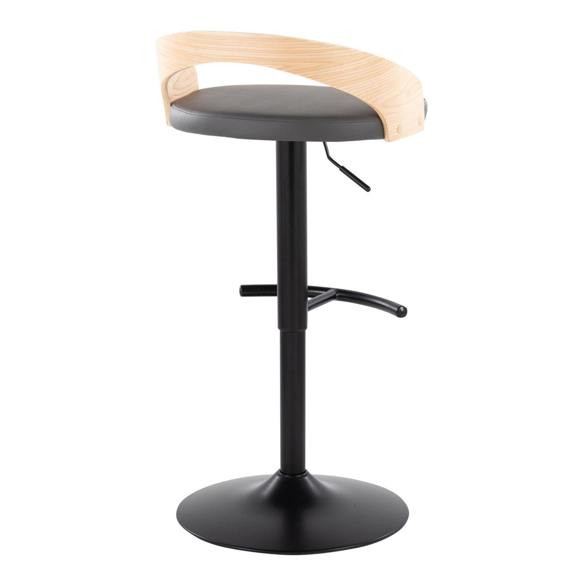 Adjustable swivel barstool set with gray cushioned seat and curved wood back on Tampa Home & Garden Store