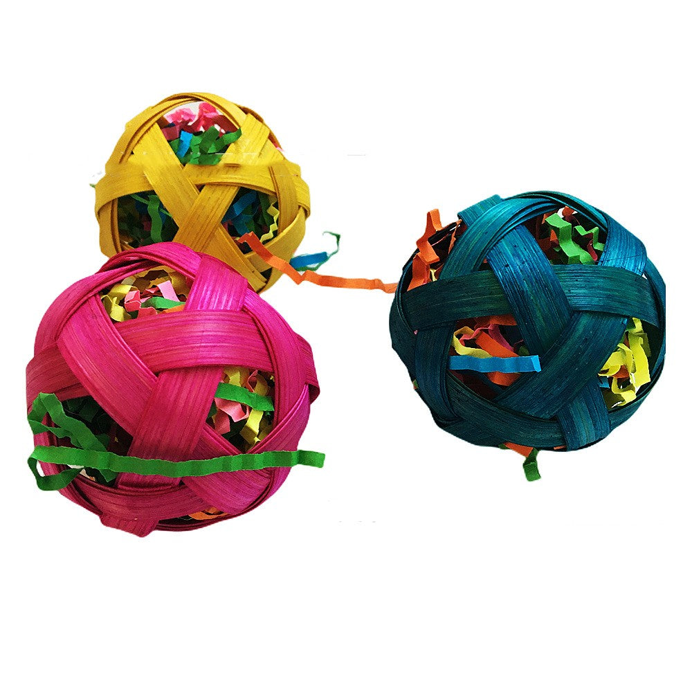 Natural bamboo woven bird toy balls set of three in pink yellow teal with shredded paper inside on Tampa Home & Garden Store