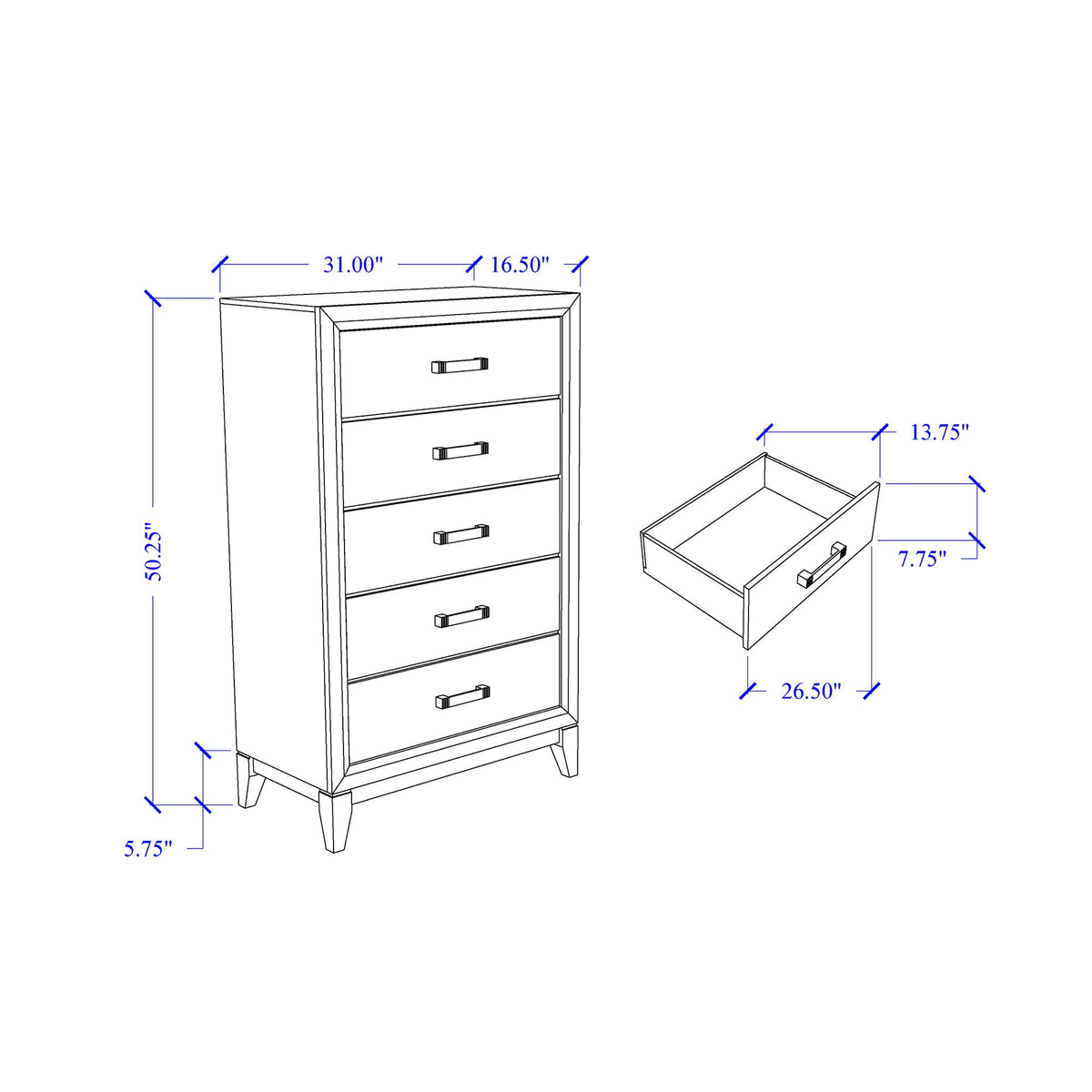 Mirage 5-Piece Bedroom Set blueprint: tall dresser with 5 drawers and handles by HouseOfZazla on Tampa Home & Garden Store