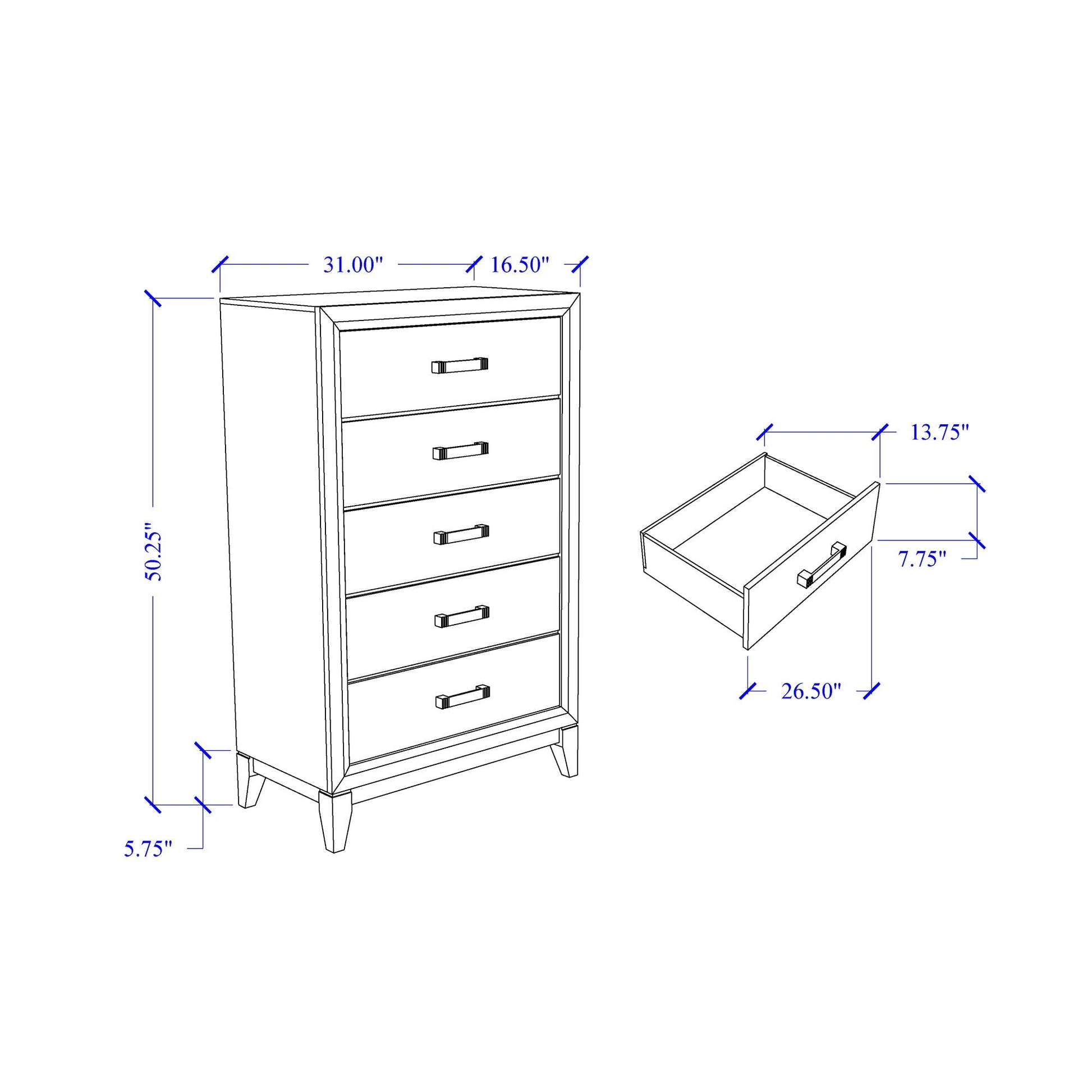 Mirage 5-Piece Bedroom Set blueprint: tall dresser with 5 drawers and handles by HouseOfZazla on Tampa Home & Garden Store