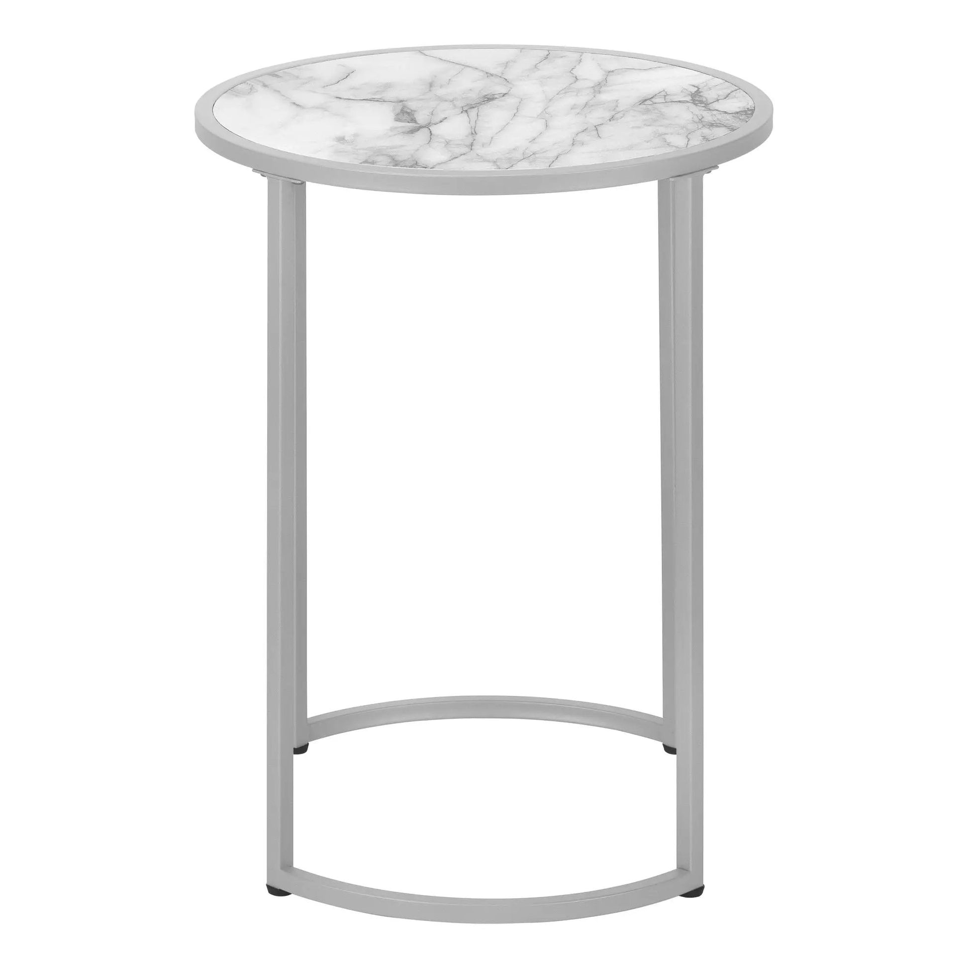 Round accent side table with white marble top and light gray metal frame on Tampa Home & Garden Store