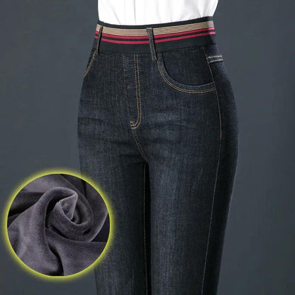 Elastic Waist Autumn And Winter Plus Velvet Padded Jeans dark denim with striped waistband and velvet lining by FLIPSTYLEZLLC on Tampa Home & Garden Store