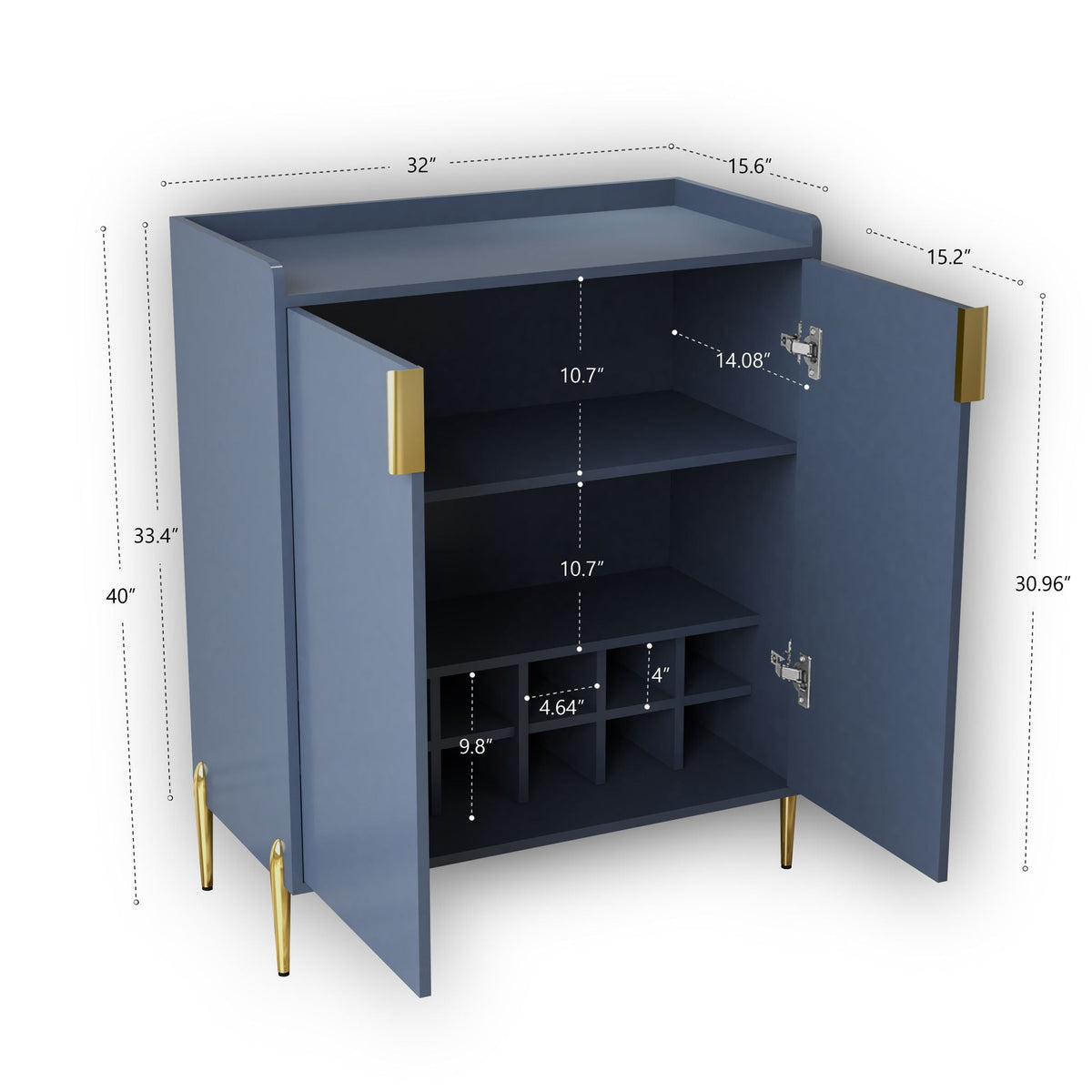 Wine bar cabinet in blue with adjustable shelf and soft-closing doors, brass legs on Tampa Home & Garden Store