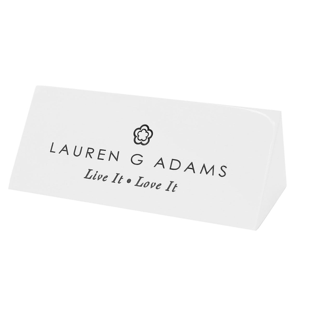 Logo Display card by Lauren G Adams, white card with black flower logo and Live It Love It on Tampa Home & Garden Store