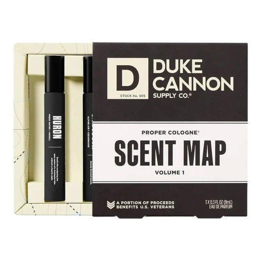 Scent Map Cologne Gift Set with Three Rollers by Duke Cannon, black roller bottles in black box on Tampa Home & Garden Store