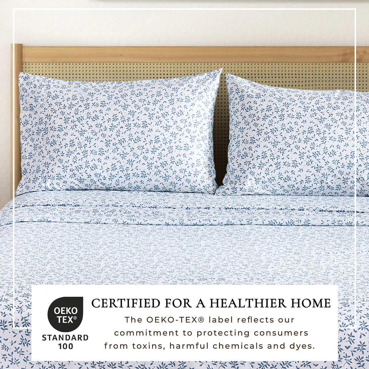 Printed Sheet Set Baylor Collection by Great Bay Home, white with blue leaf print, 2 pillowcases on Tampa Home & Garden Store