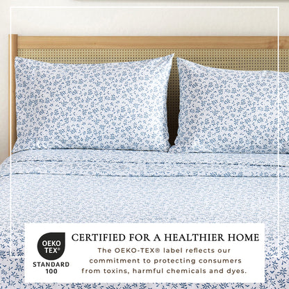 Printed Sheet Set Baylor Collection by Great Bay Home, white with blue leaf print, 2 pillowcases on Tampa Home & Garden Store