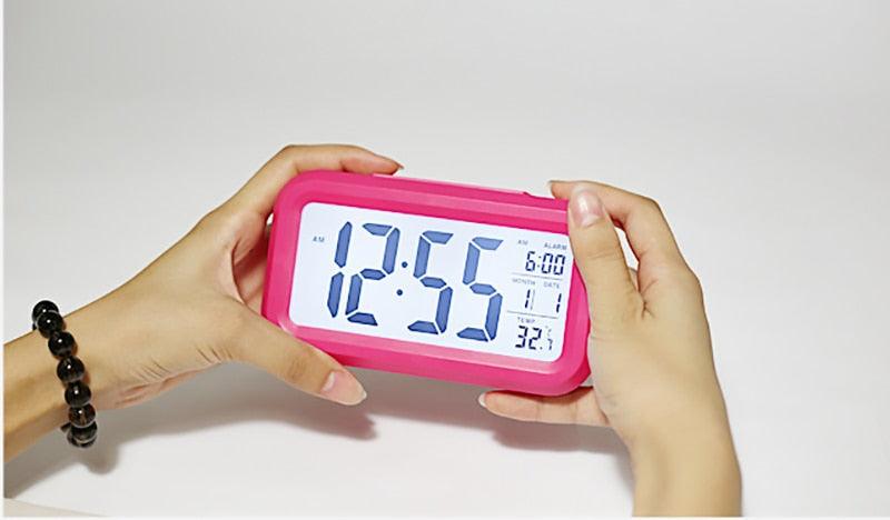 Stevvex pink digital alarm clock with large blue LED display compact desk and shelf clock on Tampa Home & Garden Store