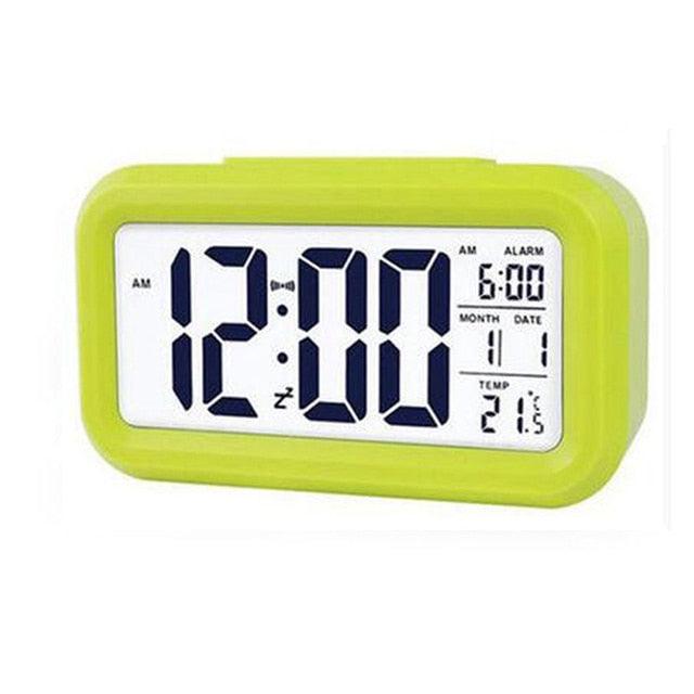 Stevvex lime green digital alarm clock with 12:00 LCD display, battery powered desk clock on Tampa Home & Garden Store