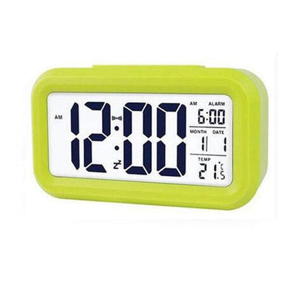 Stevvex lime green digital alarm clock with 12:00 LCD display, battery powered desk clock on Tampa Home & Garden Store