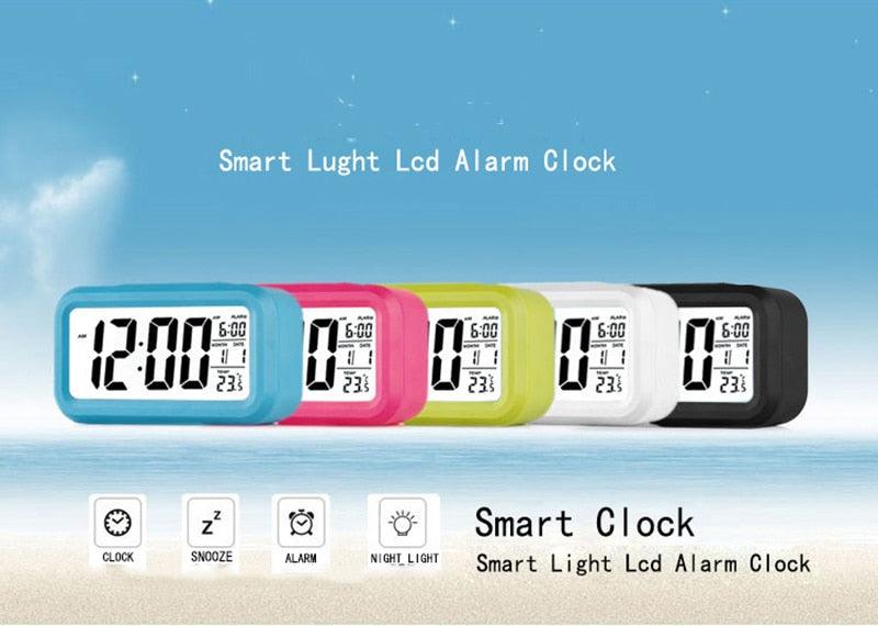 Set of five digital LED alarm clocks in blue pink white yellow black with LCD on Tampa Home & Garden Store