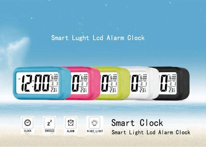 Set of five digital LED alarm clocks in blue pink white yellow black with LCD on Tampa Home & Garden Store