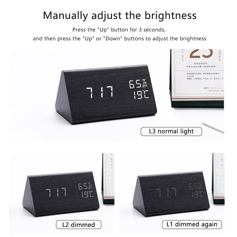 Stevvex wooden LED digital alarm clock with humidity and temperature display black on Tampa Home & Garden Store