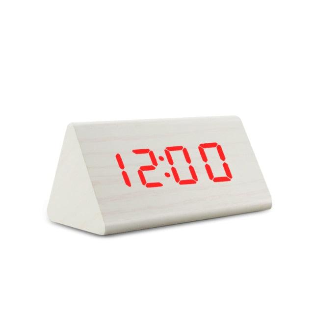 Stevvex wooden digital alarm clock with red LED display showing 12:00 desktop clock on Tampa Home & Garden Store