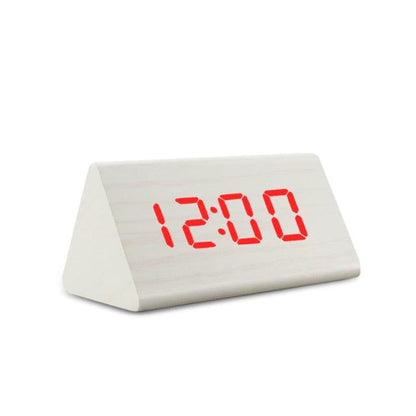 Stevvex wooden digital alarm clock with red LED display showing 12:00 desktop clock on Tampa Home & Garden Store