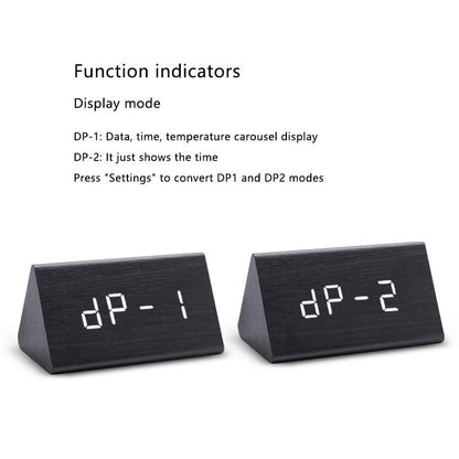 Two dark wood digital alarm clock blocks showing dp-1 and dp-2 function indicators on Tampa Home & Garden Store
