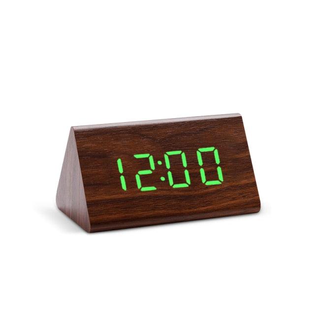 Wooden LED digital alarm clock with green 12:00 display, wedge desk clock on Tampa Home & Garden Store