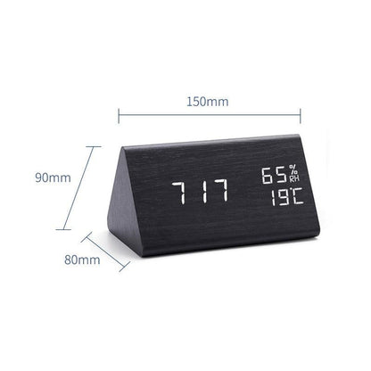 Stevvex wooden digital alarm clock with LED display and temp/humidity readouts on Tampa Home & Garden Store