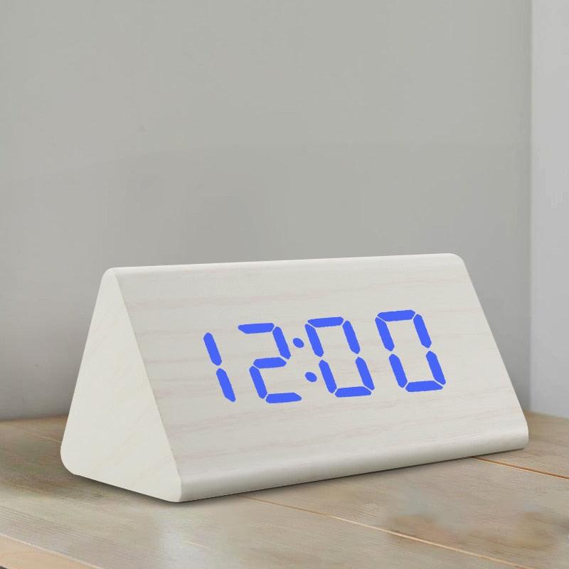 Digital wooden alarm clock with blue LED time display, white wedge wood finish for desk decor on Tampa Home & Garden Store