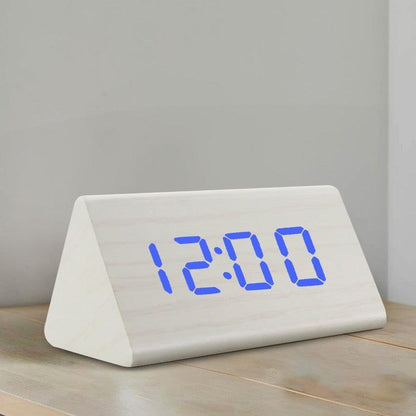 Digital wooden alarm clock with blue LED time display, white wedge wood finish for desk decor on Tampa Home & Garden Store