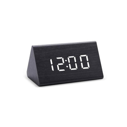 Wooden digital alarm clock with LED display in black wedge design showing 12:00 on Tampa Home & Garden Store