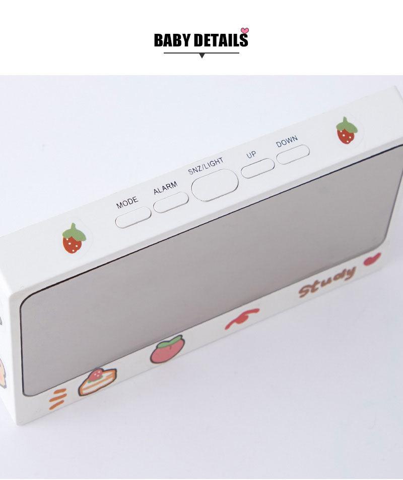 Stevvex digital desk clock with USB charger and white mirror face with strawberry decals on Tampa Home & Garden Store